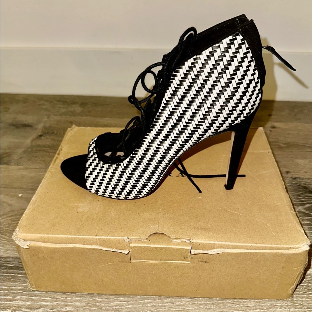 Zara Black and White Lace-Up Heels